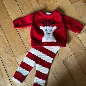 Hanna Andersson Reindeer Infant Holiday Sweater & Striped Legging EUC 0-3 Months
